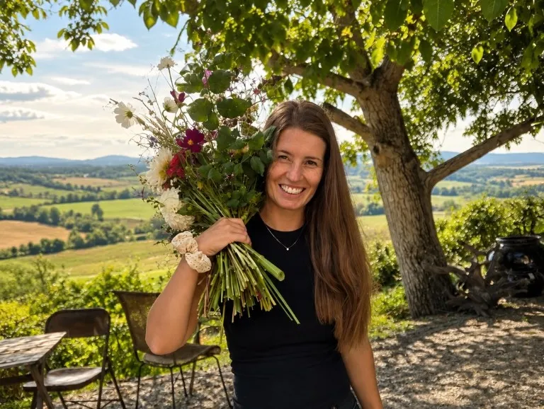 Denise mit einem selbst gepflückten Strauß Natur-Blumen am Leiten König Natur Blumenhof