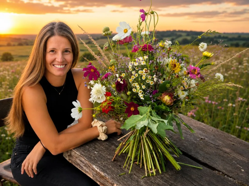 Denise mit einem Wildblumenstrauß bei Sonnenuntergang am Leiten König